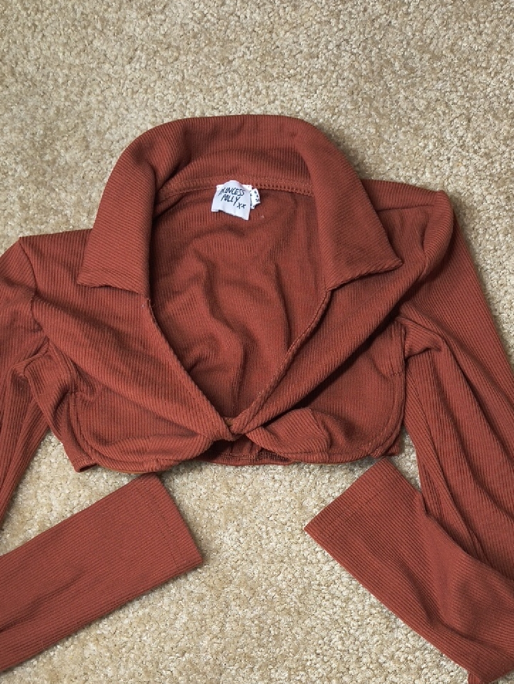 Princess Polly Collard Ribbed Knot-Front Mini Crop Top in Rust Orange Size 4 P22